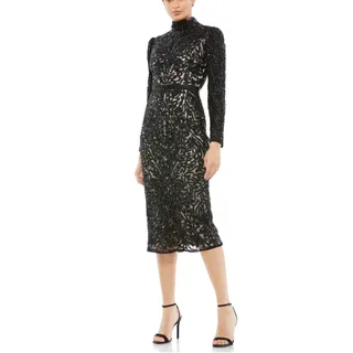 Photo of Mac Duggal 5525 Black Evening Gown Sequin Long Sleeve Midi Sheath Dress Size 14