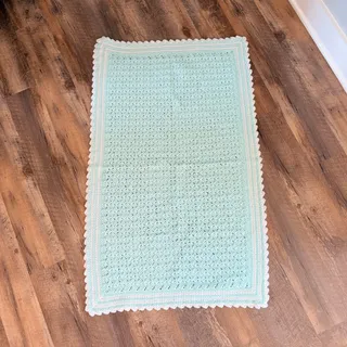 Photo of Hand Crocheted Baby Blanket Green White Scalloped Edge 28x44