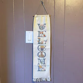 Photo of Vintage WELCOME Cross Stitch Wall Hanging Bunny Flowers Cottagecore 27" Banner