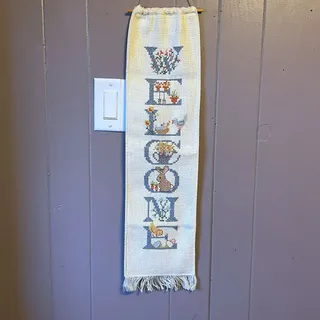 Photo of Vintage WELCOME Cross Stitch Wall Hanging Bunny Flowers Cottagecore 27" Banner