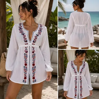 Photo of White Sheer Mexican Embroidered Cover Up Dress Beach Boho Festival Women's M