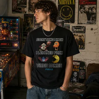 Photo of Pixels Video Games Graphic T Shirt XL Pac Man Retro Gamer Black Cotton Tee XL