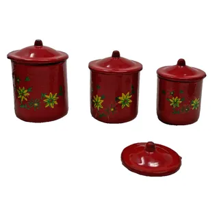 Photo of Vintage Dollhouse Miniature Metal Kitchen Cookware Set Red Enamelware