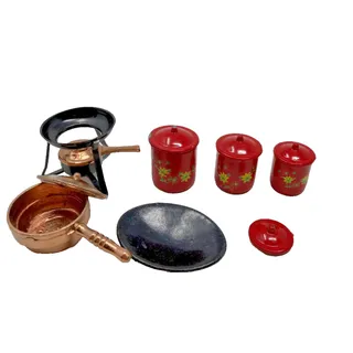 Photo of Vintage Dollhouse Miniature Metal Kitchen Cookware Set Red Enamelware