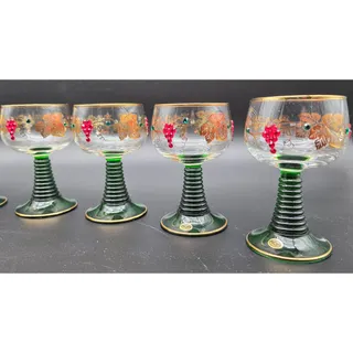 Photo of Vtg Bockling German Romer Wine Glasses Green Stem Gold Gilt Rhinestones Set 8