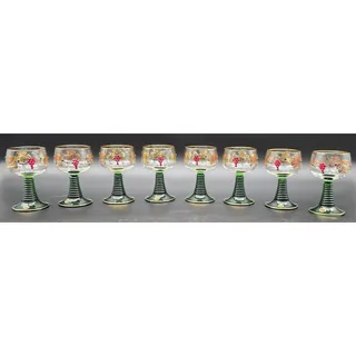 Photo of Vtg Bockling German Romer Wine Glasses Green Stem Gold Gilt Rhinestones Set 8