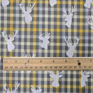 Photo of JoAnn Cotton Fabric 72"x44" Rustic Grey Yellow Plaid Stag Head Antlers Deer