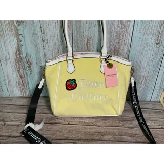 Photo of NEW Juicy Couture Yellow Satchel Bag White Handles Strawberry Embroidary