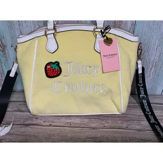 Photo of NEW Juicy Couture Yellow Satchel Bag White Handles Strawberry Embroidary