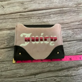 Photo of Vintage Juicy Couture Bifold Wallet Pink Black Canvas Fuzzy Logo Trim Compact