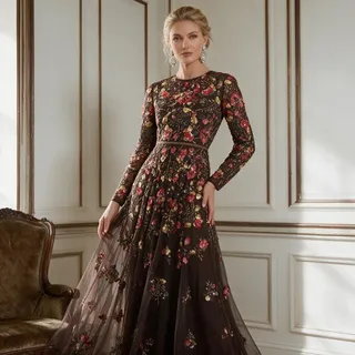 Photo of Mac Duggal Size 8 Style 94275 NWT Espresso Multi Floral Embellished Gown 