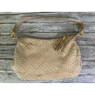 Photo of Elliot Lucca Tan Woven Leather Shoulder Bag Tote Red Lining Boho