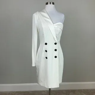 Photo of Mac Duggal 12262 White Cocktail Dress One Shoulder Tuxedo Mini Sheath Size 2