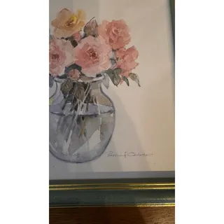 Photo of Vintage Rosalind Oesterle Floral Watercolor Print – Green & Gold Frame