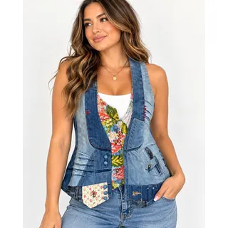 Photo of Desigual Patchwork Denim Vest Blue Floral Embroidered Boho Artisanal Size M y2k