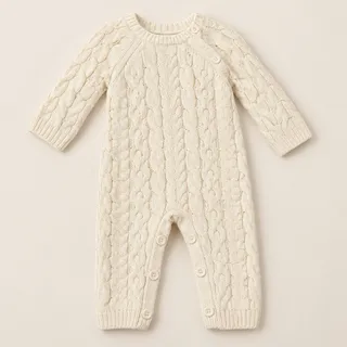 Photo of Hope & Henry Cream Cable Knit Baby Romper | Classic Heirloom Style | 0–3M
