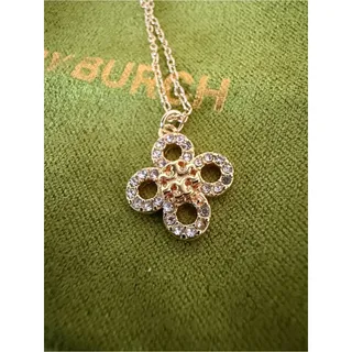 Photo of Tory Burch Kira Crystal Clover Pendant Necklace Gold Tone New