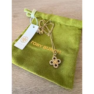 Photo of Tory Burch Kira Crystal Clover Pendant Necklace Gold Tone New