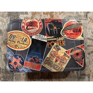 Photo of Vintage Harley Davidson Metal Lunch Box Travel Sticker Design Tin Case Collectible USA