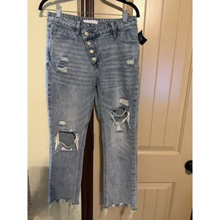 Photo of Vervet Women's Blue Distressed Jeans, Size 26, Fringed Bottom, Button Closure