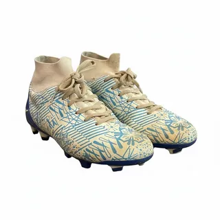 Photo of Kids Soccer Cleats Size 4 Youth EU 36 Blue Tan Graphic Lace Up Mid Top Cleats

