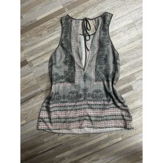 Photo of ROZAE Tank Top Womens Small Gray Stripe Floral Print Tunic Boho Summer