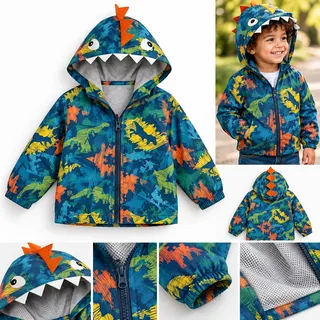 Photo of Kids Dinosaur Windbreaker Jacket Size 4 | Colorful Hooded Spring Fall Coat