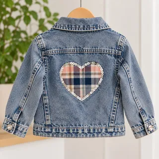 Photo of Little Lass 24M Y2K Denim Jacket Acid Wash Sequin Plaid Heart Retro Girls