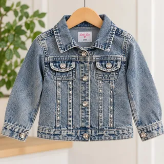 Photo of Little Lass 24M Y2K Denim Jacket Acid Wash Sequin Plaid Heart Retro Girls