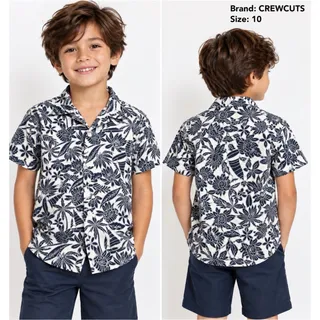 Photo of Crewcuts Boys White/Blue Floral Tropical Collared Button-Up Shirt Size 10