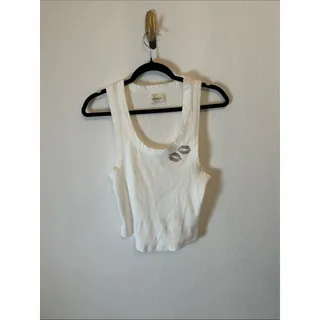 Photo of l*space White Ribbed Tank Top with Pink Rhinestone Lip Detail Festive Girly S/M