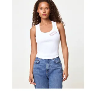 Photo of l*space White Ribbed Tank Top with Pink Rhinestone Lip Detail Festive Girly S/M