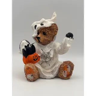 Photo of Vintage Teddy Bear Figurine in Ghost Costume w/ Spider and Bat, Halloween Decor