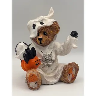 Photo of Vintage Teddy Bear Figurine in Ghost Costume w/ Spider and Bat, Halloween Decor