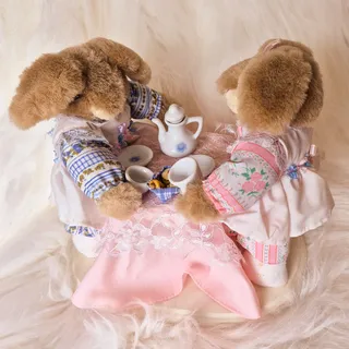 Photo of Vintage 1990s Handmade Bunny Rabbit Tea Party Diorama OOAK Cottagecore Decor