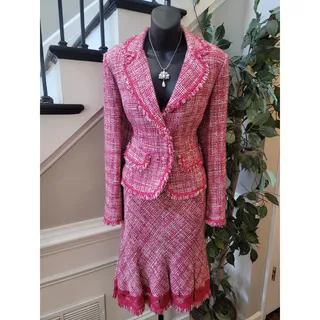 Photo of I.C.E. Skirt Suit Set Women's SZ 10 Pink Long Sleeve Blazer Front Pocket Lined