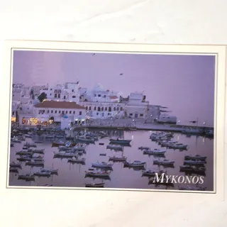 Photo of Vintage Mykonos Greece Postcard Haitalis 1980s Purple Twilight Harbor