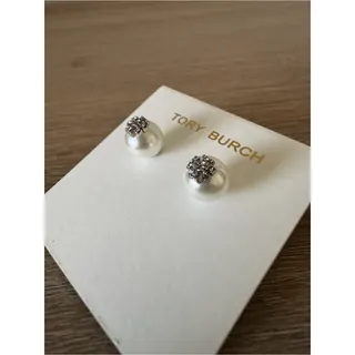 Photo of Tory Burch Moondance Faux Pearl Pavé Logo Stud Earrings Silver Tone New