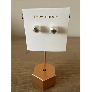 Photo of Tory Burch Moondance Faux Pearl Pavé Logo Stud Earrings Silver Tone New
