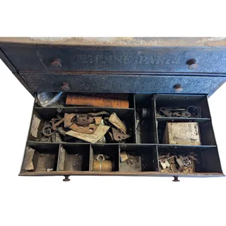Photo of Vintage Metal Parts Chest Three Drawers Dividers Carburetor Parts Old Lettering