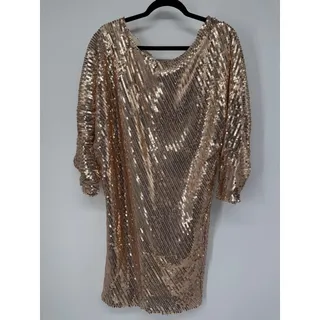 Photo of Flamingals Champagne Gold Sequin Decor Batwing Sleeve Oblique Shoulder Dress LG