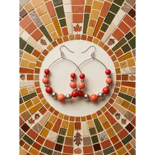 Photo of Orange & Gold Tone Beaded Hoop Earrings 2.5”
