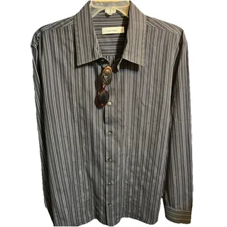 Photo of Calvin Klein Men's XL Long Sleeve Dress Shirt Blue Striped Stretch Cotton