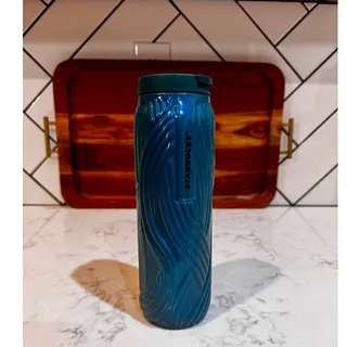 Photo of Starbucks teal/aqua blue wavy embossed stainless steel tumbler Spring 2025