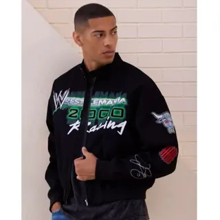 Photo of WWE WrestleMania 2000 Racing Moto Black Jacket Mens XL NWT Exclusive Cropped