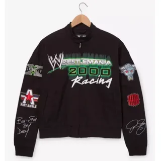 Photo of WWE WrestleMania 2000 Racing Moto Black Jacket Mens XL NWT Exclusive Cropped