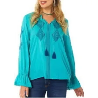 Photo of NWOT Wrangler Western Retro Embroidered Tassel Blouse Dream Teal S