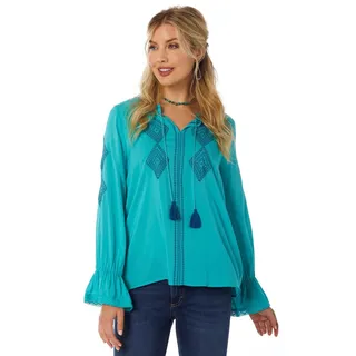 Photo of NWOT Wrangler Western Retro Embroidered Tassel Blouse Dream Teal S