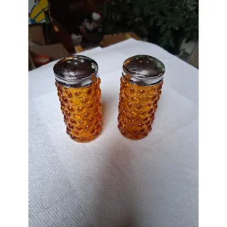 Photo of Vtg Amber Glass Hobnail Salt & Pepper Shakers (3227)