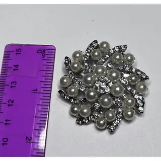 Photo of Faux Pearl Rhinestone Brooch Pin Silver Tone Floral Swirl Bridal Wedding New